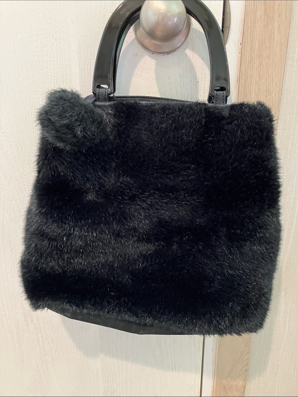 Plush Black Faux Fur Shoulder Bag with Pom Accent